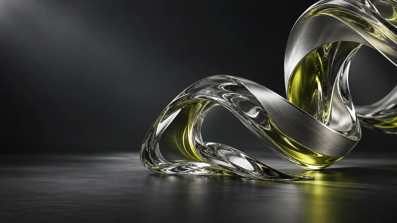 Abstract glass and metal sculpture in a dark studio