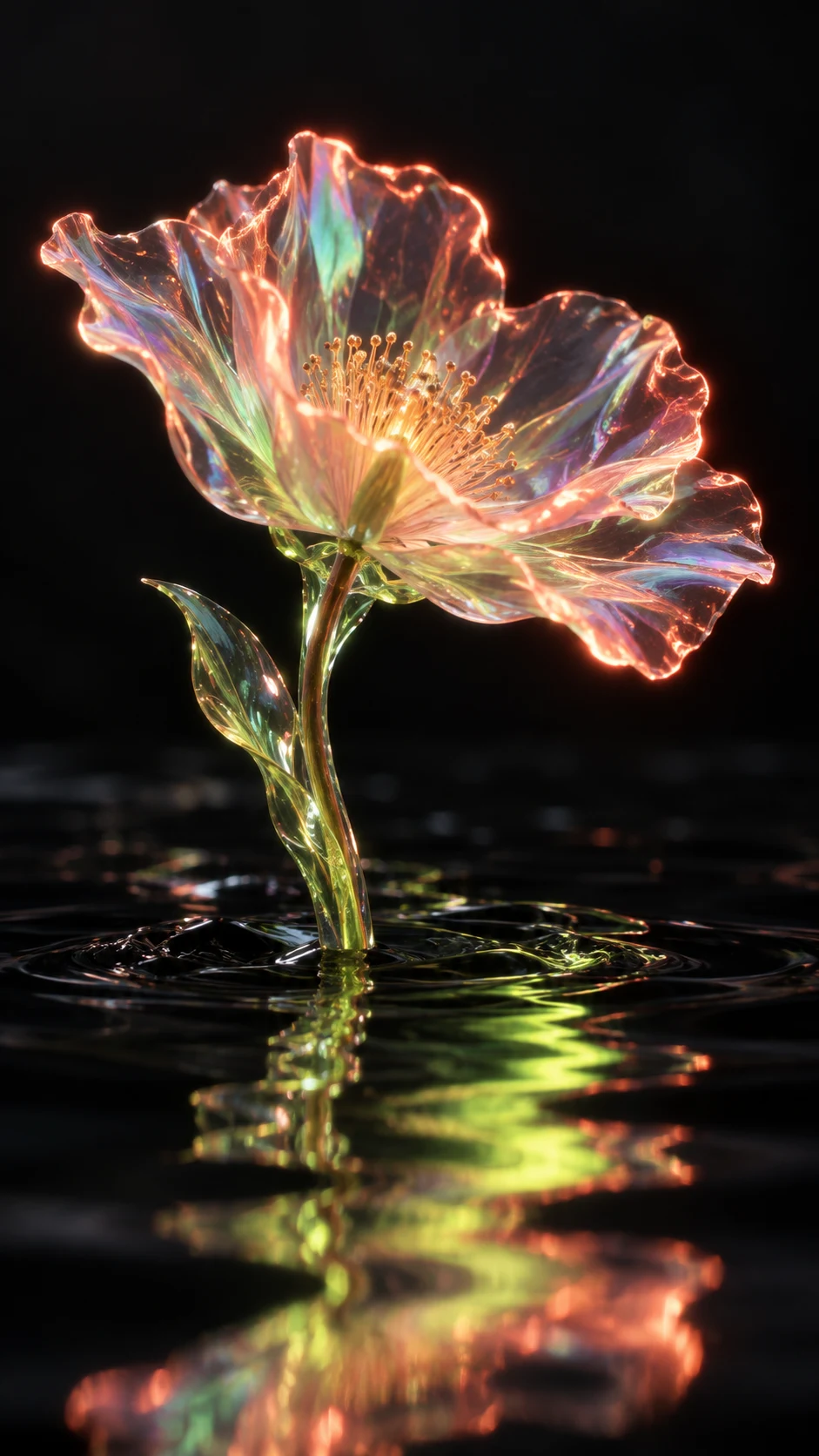 An iridescent flower rising from dark water