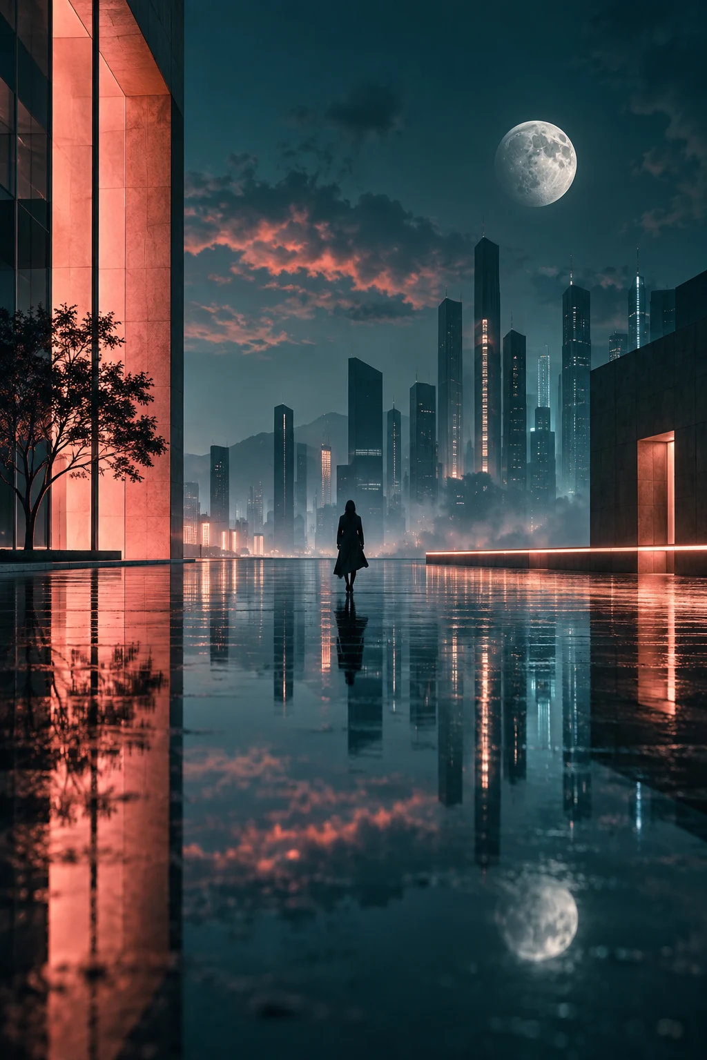 A moonlit city scene reflected in water