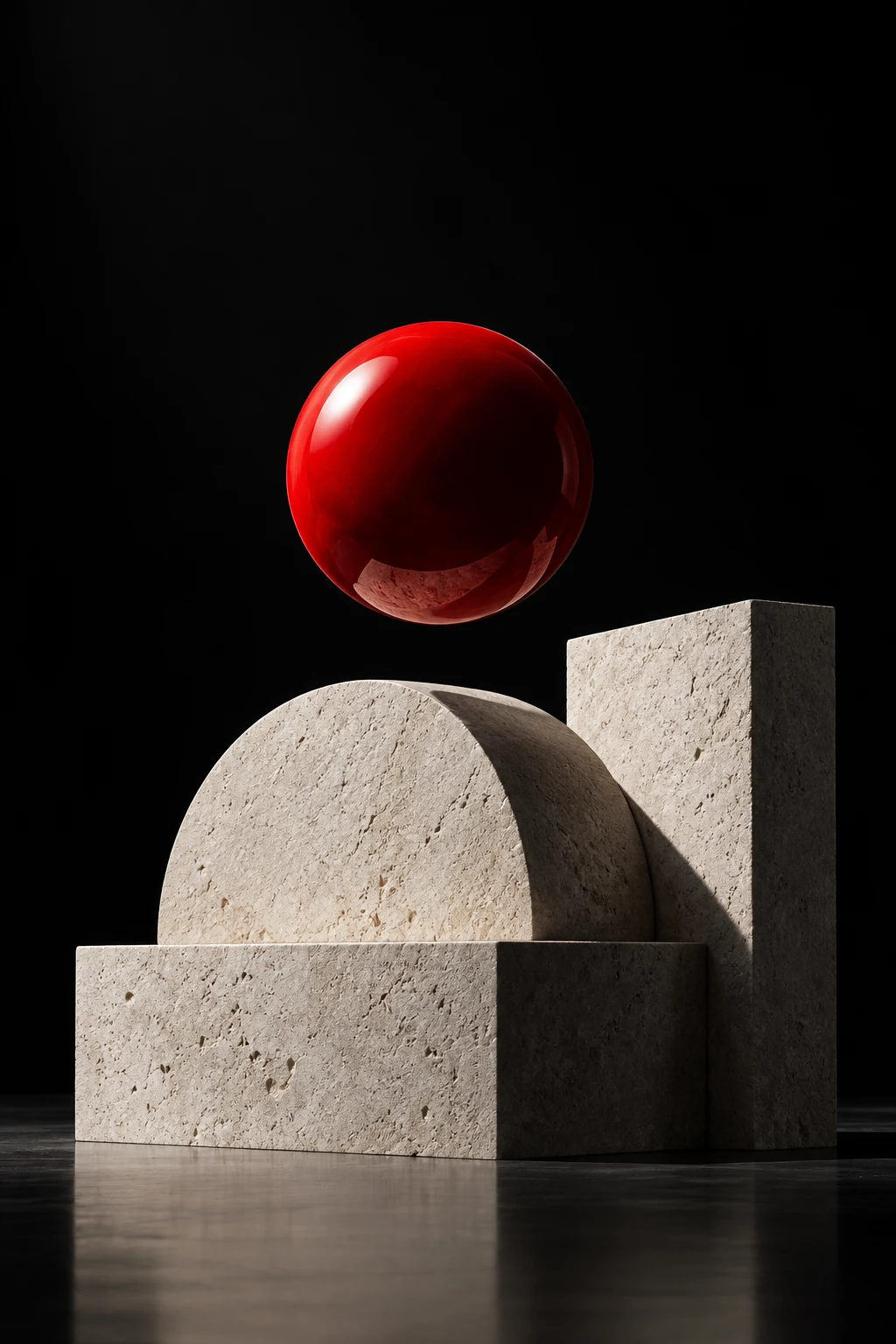 A floating red sphere above stone forms